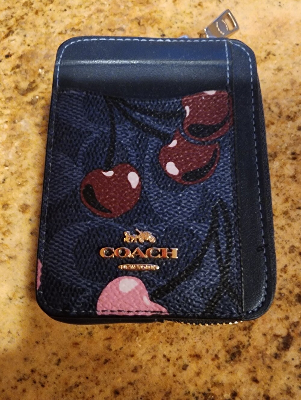 Coach Navy Cherry Zip Card Case with Pink Accents